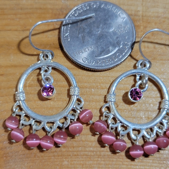Silver Tone Pink Cats Eye Beaded Chandelier Earrings w/ Hot Pink Rhinestones - Picture 6 of 7